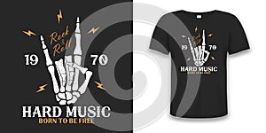Rock music print with skeleton hand and lightning. Vintage rock-n-roll tee shirt with grunge. Design for vintage apparel on t-shir